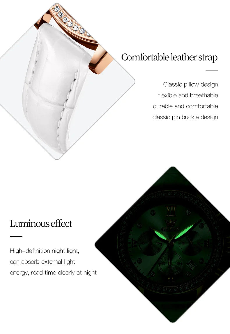 OLEVS 9933 Women' Watches Luxury Brand Diamond Quartz Wristwatch Waterproof Luminous Leather Strap Multifunction Ladies Watch