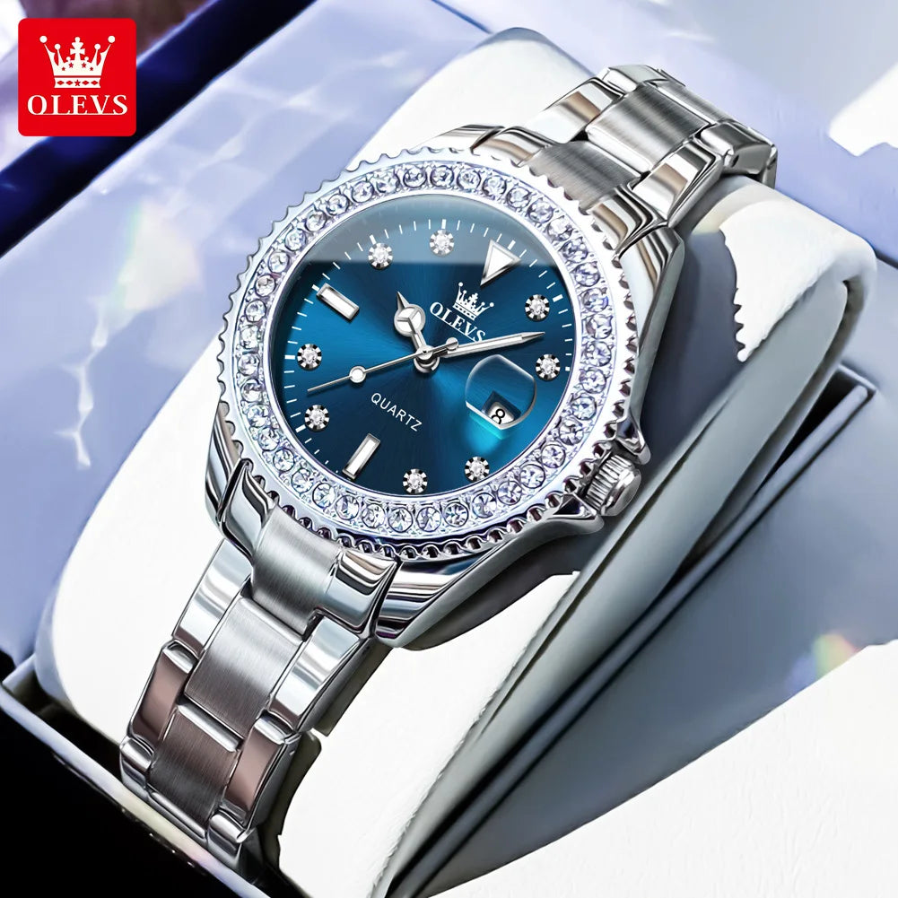OLEVS 9945 Women's Watches Elegant Purple Full Diamond Dial Solid Stainless Steel Auto Date Waterproof Quartz Watch for Women