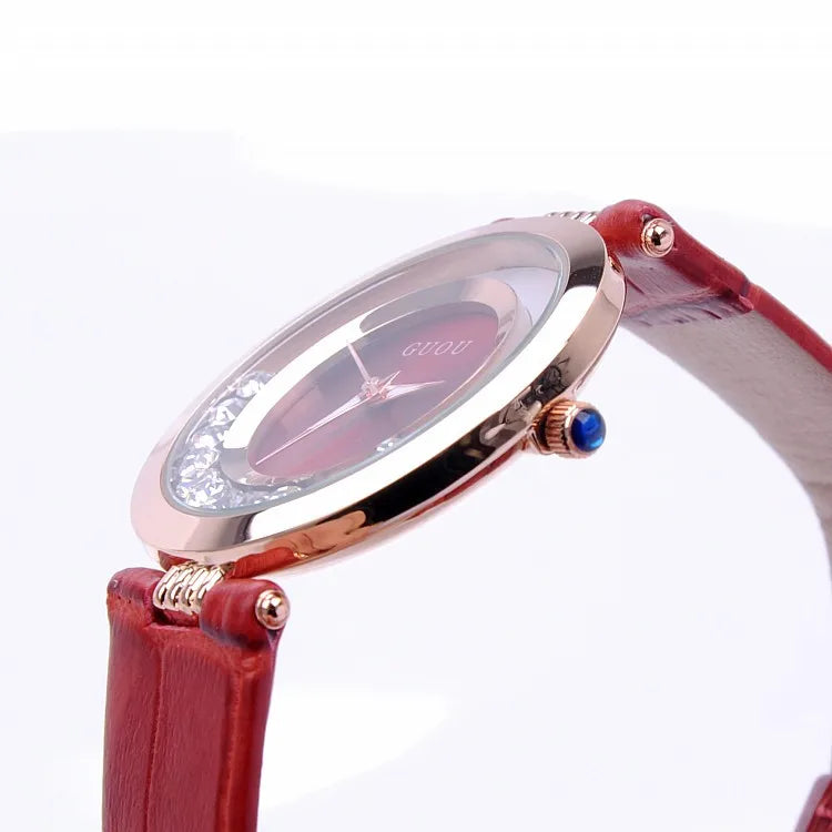 Fashion GUOU Brand Women Rolling Drill Dress Watches Luxury Quicksand Casual Clock Genuine Leather Rhinestone Lady Wrist Watches