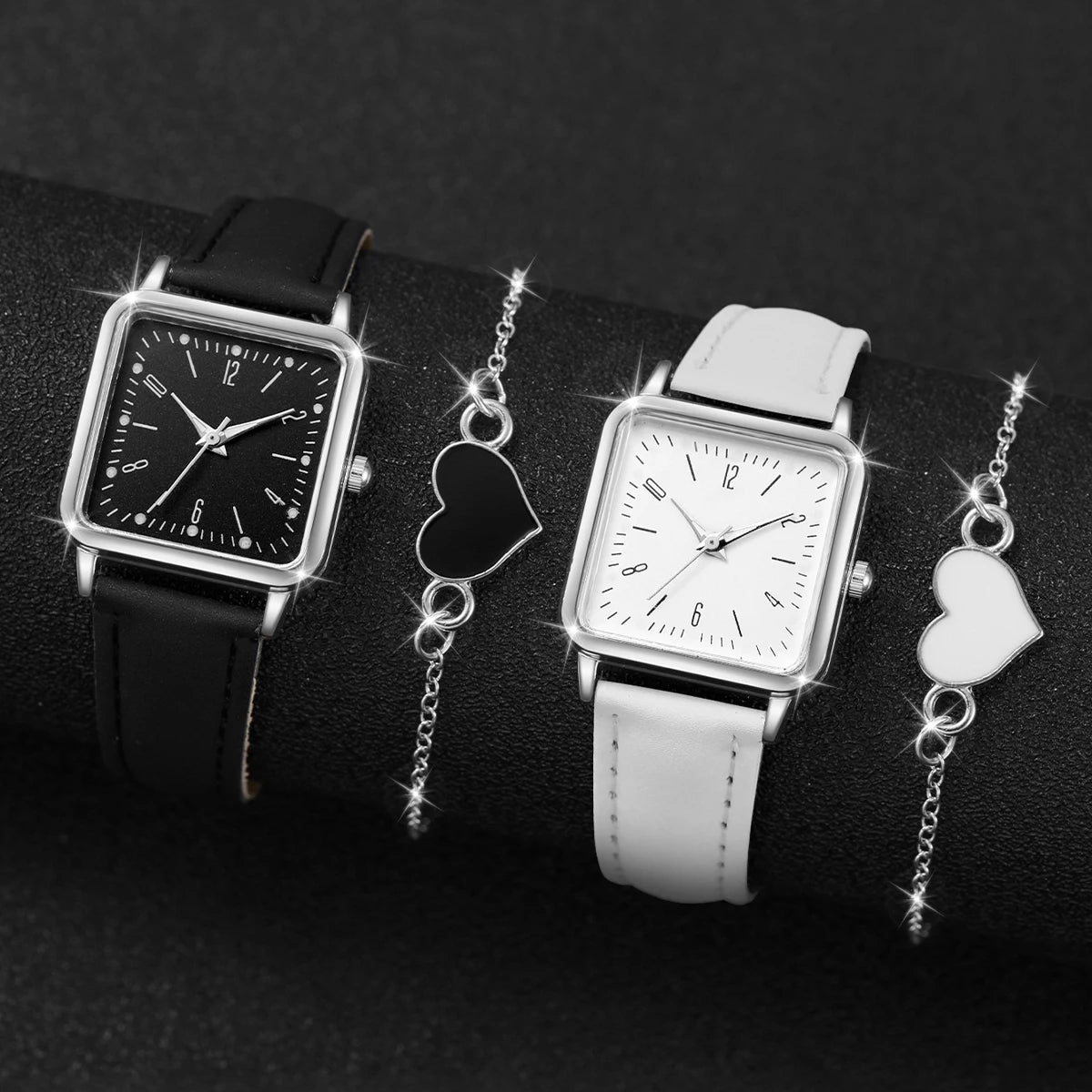 2/4PCS Fashion Square Women's Watch Leather Band Quartz Watches Heart Bracelet Set(Without Box)