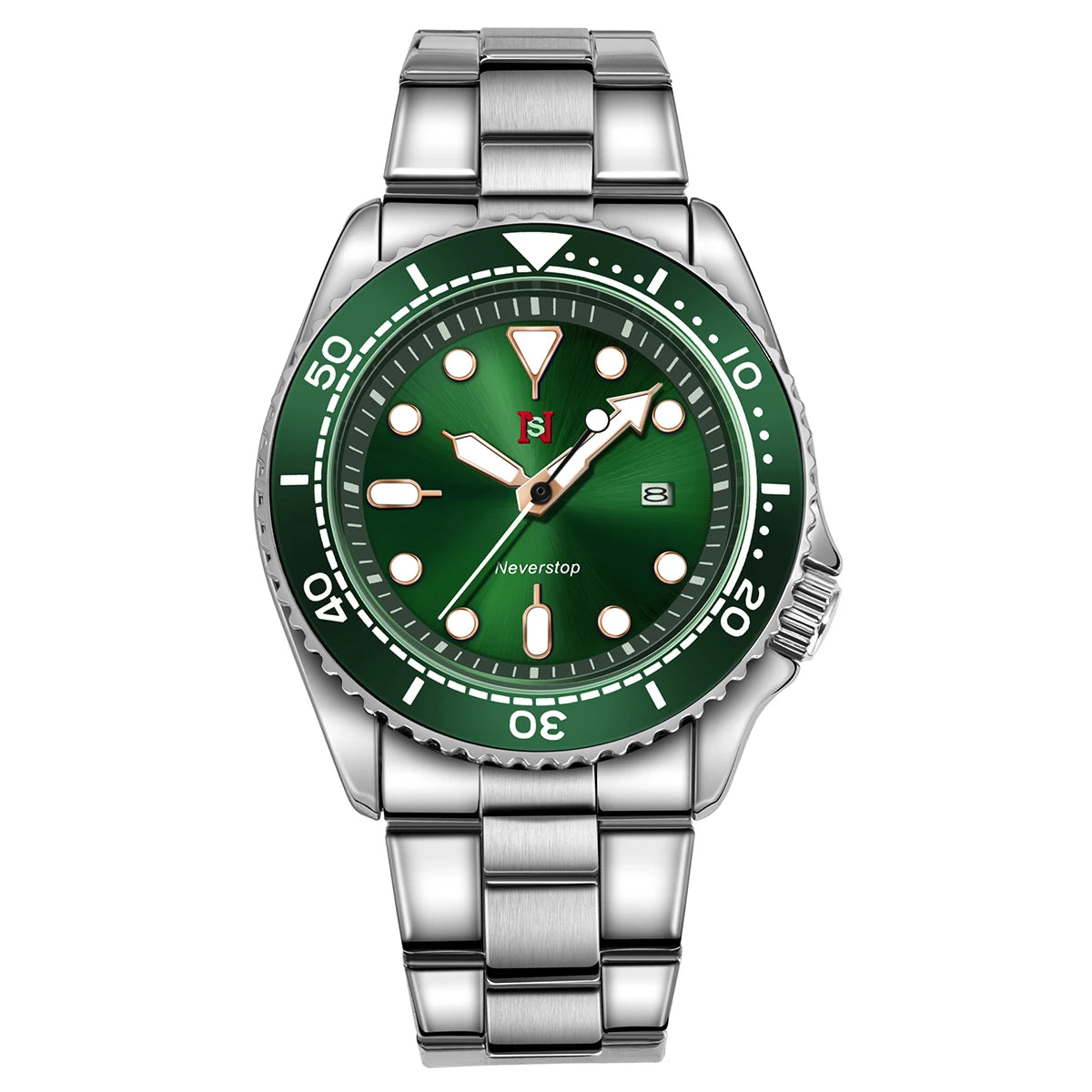 NS Mens Sports Watch | Multi-Color High-Contrast Dial and Markers Ceramic Bezel Stainless Steel Band Versatile Style