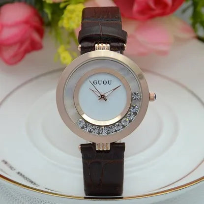 Fashion GUOU Brand Women Rolling Drill Dress Watches Luxury Quicksand Casual Clock Genuine Leather Rhinestone Lady Wrist Watches