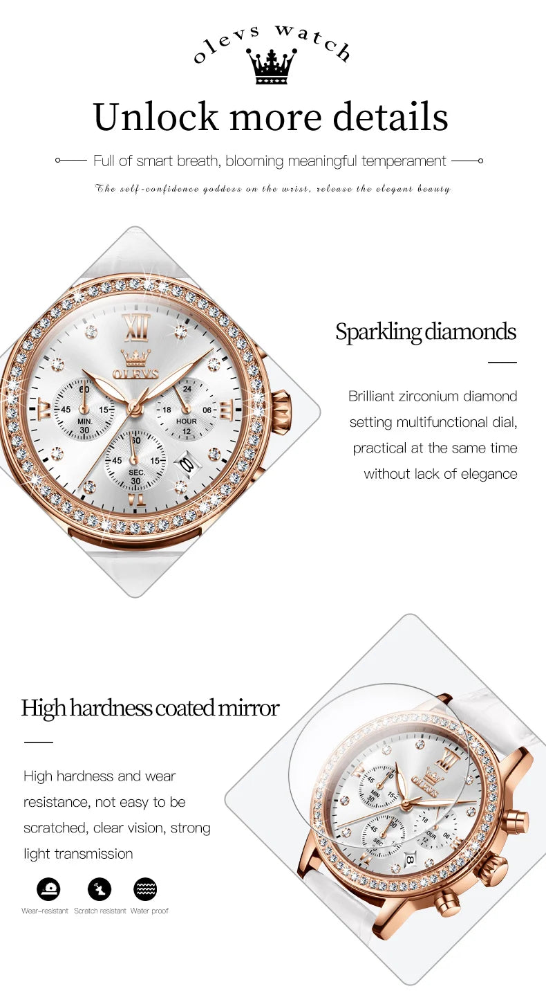 OLEVS 9933 Women' Watches Luxury Brand Diamond Quartz Wristwatch Waterproof Luminous Leather Strap Multifunction Ladies Watch
