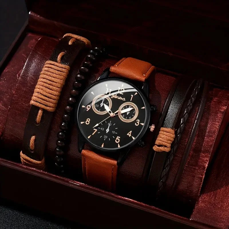 4 Pcs/Set Fashion Men's Casual Watches Men's Leather Bracelet Quartz Watch Man Present Bracelets Set (Without Box)