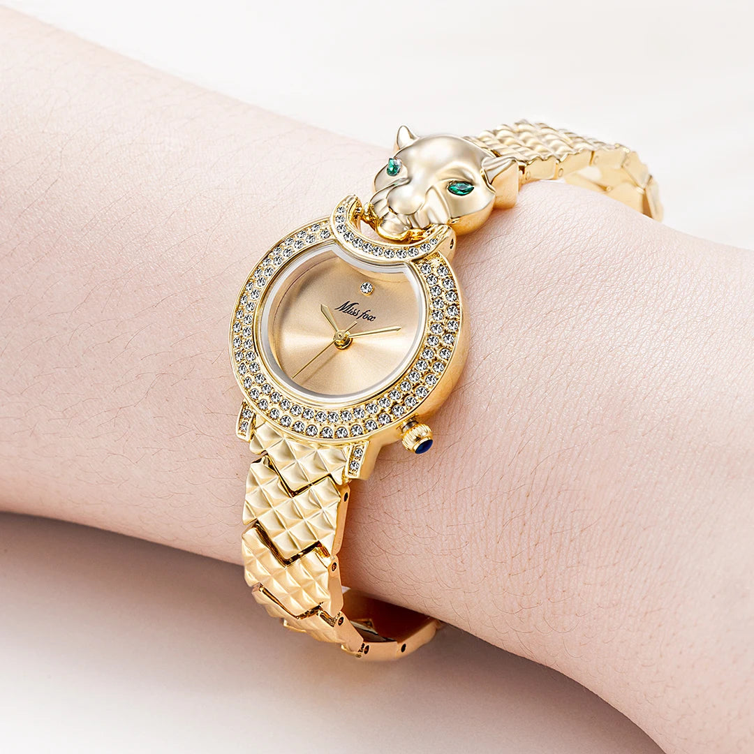 MISSFOX Leopard 3D Bling Diamond Quartz Women Watch Fashion Casual Ladies Watch Female Quartz Gold Watch Jewelry Women Clock