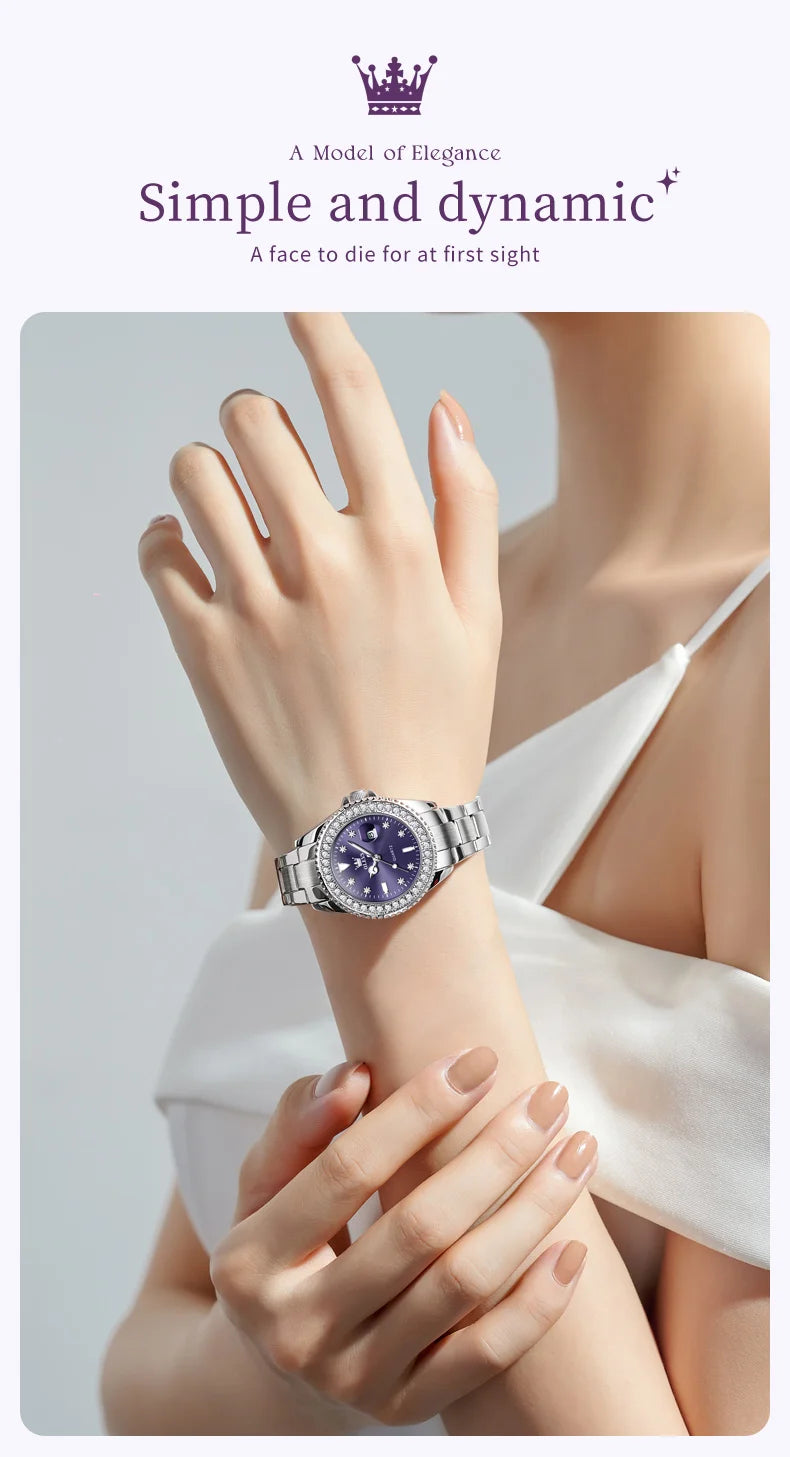 OLEVS 9945 Women's Watches Elegant Purple Full Diamond Dial Solid Stainless Steel Auto Date Waterproof Quartz Watch for Women