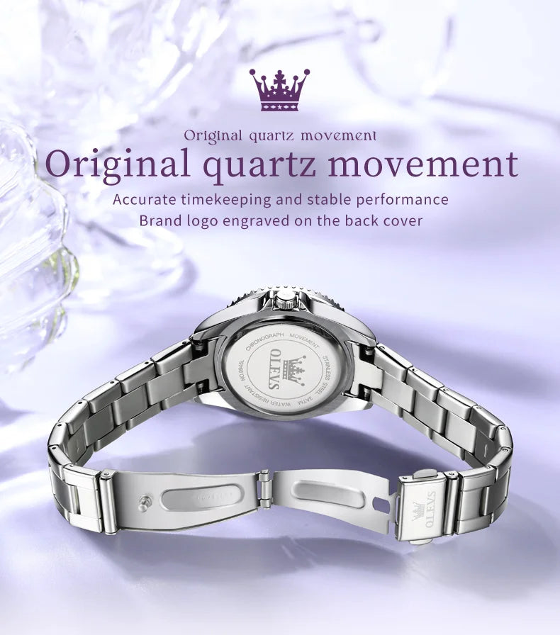OLEVS 9945 Women's Watches Elegant Purple Full Diamond Dial Solid Stainless Steel Auto Date Waterproof Quartz Watch for Women