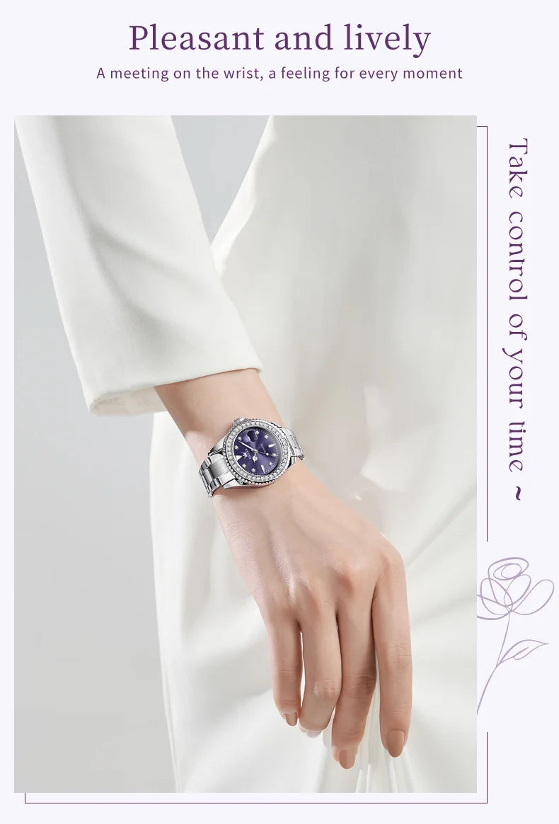 OLEVS 9945 Women's Watches Elegant Purple Full Diamond Dial Solid Stainless Steel Auto Date Waterproof Quartz Watch for Women