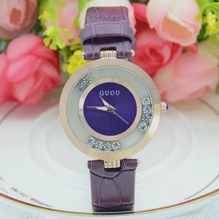 Fashion GUOU Brand Women Rolling Drill Dress Watches Luxury Quicksand Casual Clock Genuine Leather Rhinestone Lady Wrist Watches