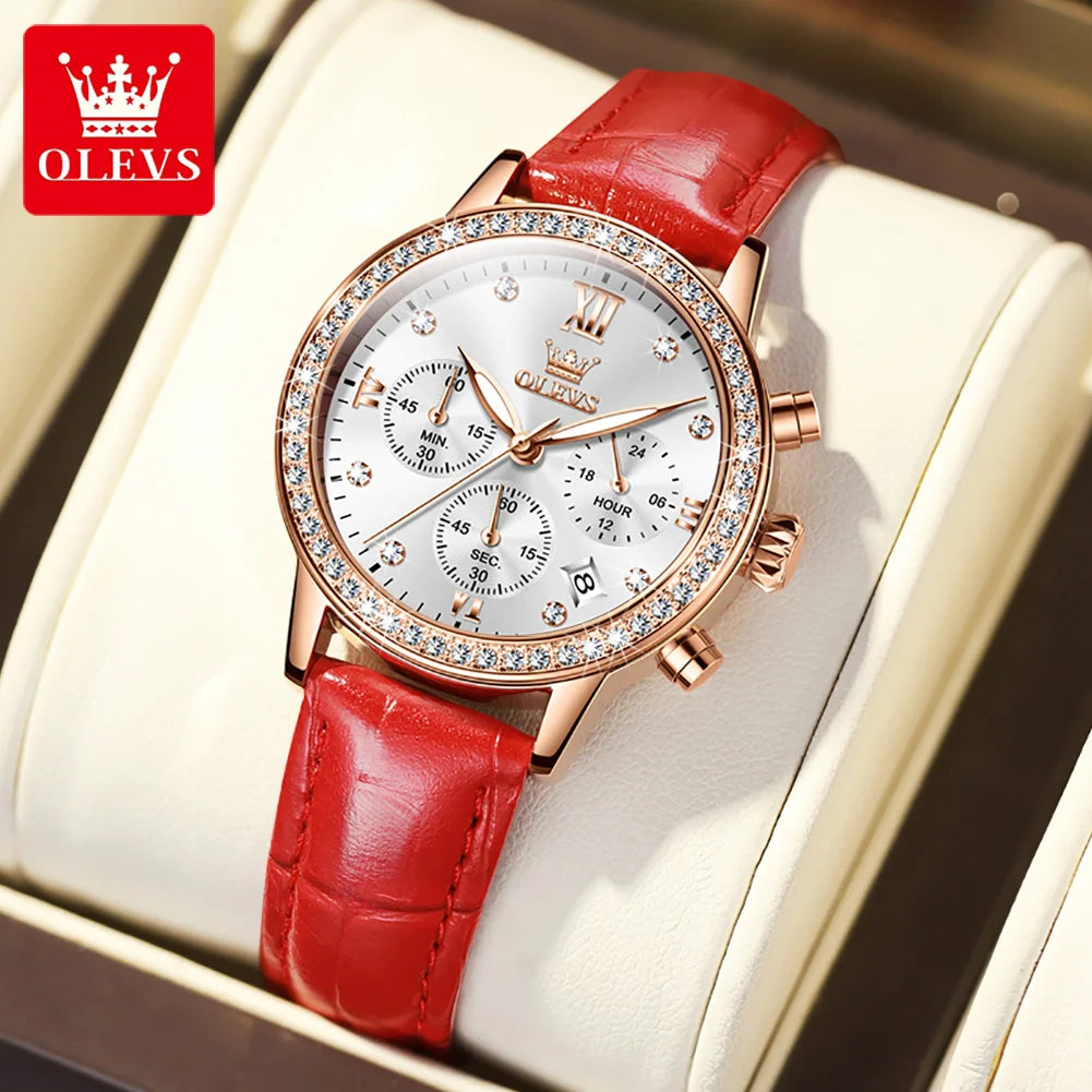 OLEVS 9933 Women' Watches Luxury Brand Diamond Quartz Wristwatch Waterproof Luminous Leather Strap Multifunction Ladies Watch