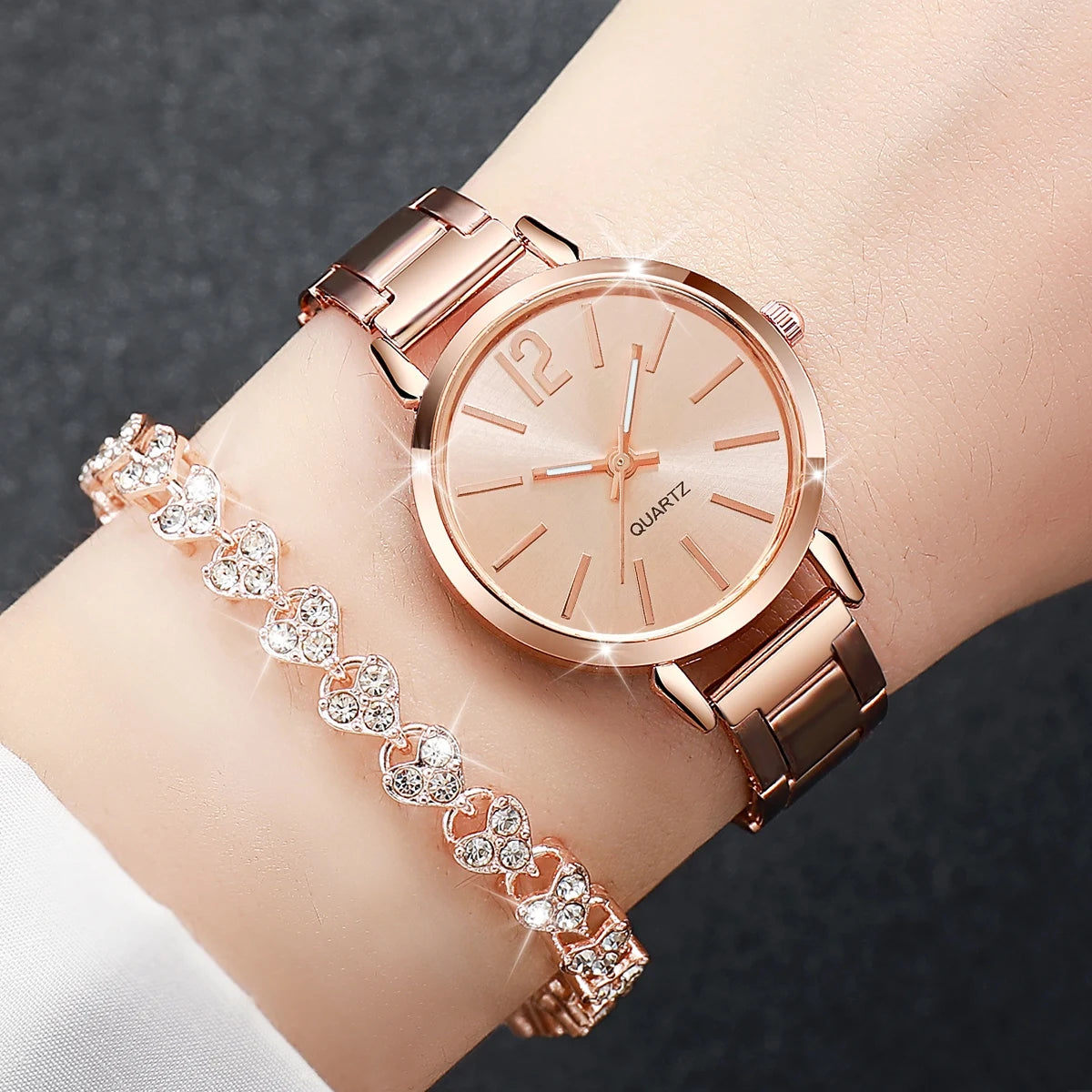 6PCS/Set Women's Watch Fashion Steel Band Quartz Watches Diamond Bracelets Set(Without Box)
