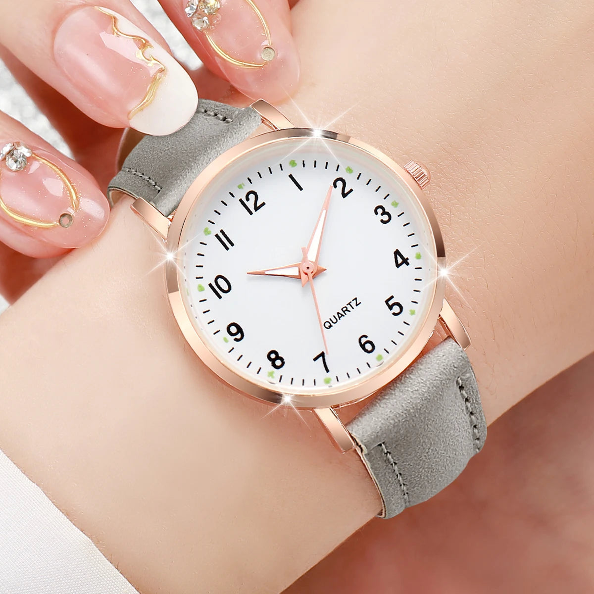 7PCS/Set Fashion Arabic Dial Women Quartz Watch Casual Leather Band Wrist Watches(Without Box)