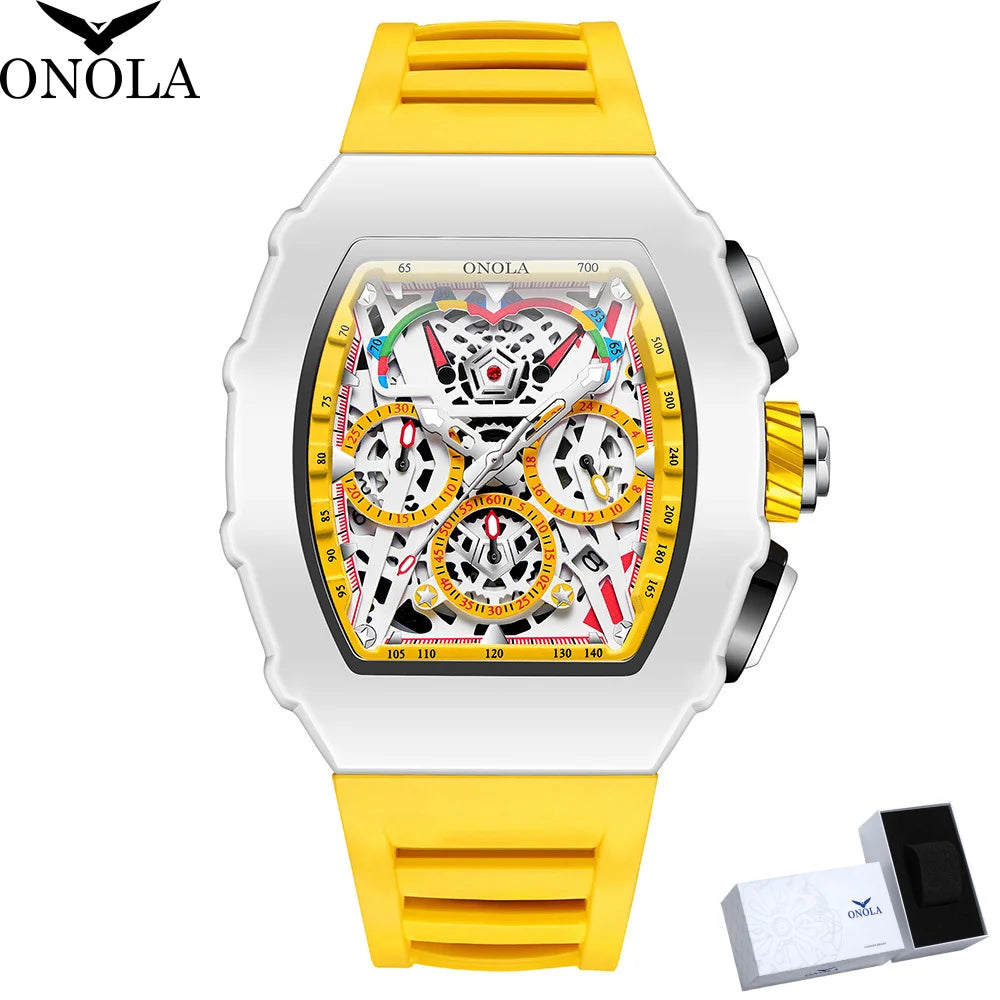 Gift Box for Man ONOLA 6827GM Trend White Quartz Wristwatch Silicone Strap Chronograph Luminous Waterproof Men Watch