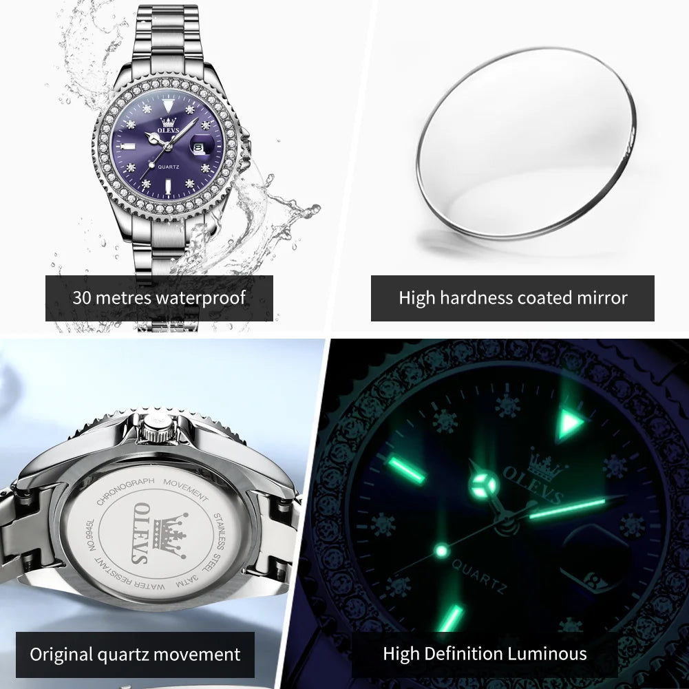 OLEVS 9945 Women's Watches Elegant Purple Full Diamond Dial Solid Stainless Steel Auto Date Waterproof Quartz Watch for Women