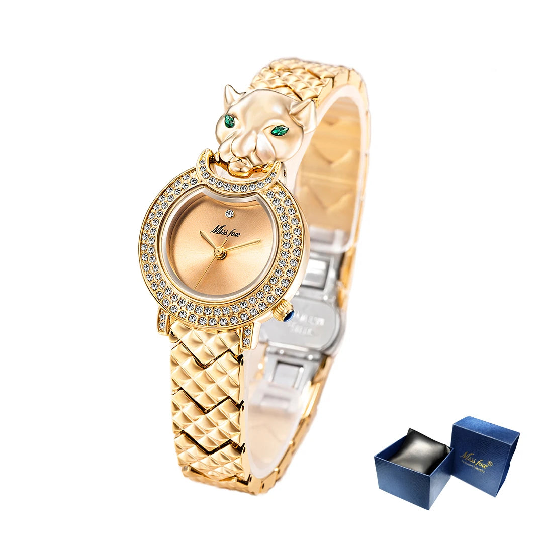 MISSFOX Leopard 3D Bling Diamond Quartz Women Watch Fashion Casual Ladies Watch Female Quartz Gold Watch Jewelry Women Clock