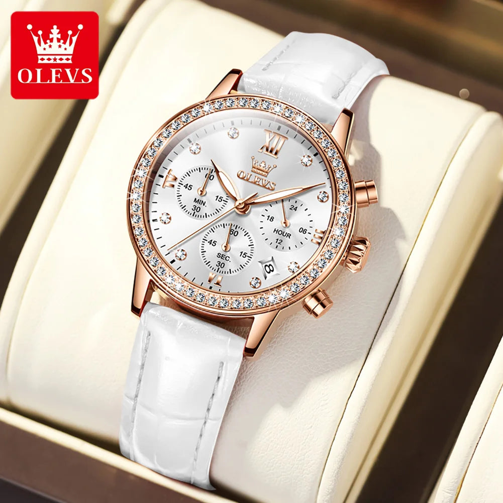 OLEVS 9933 Women' Watches Luxury Brand Diamond Quartz Wristwatch Waterproof Luminous Leather Strap Multifunction Ladies Watch