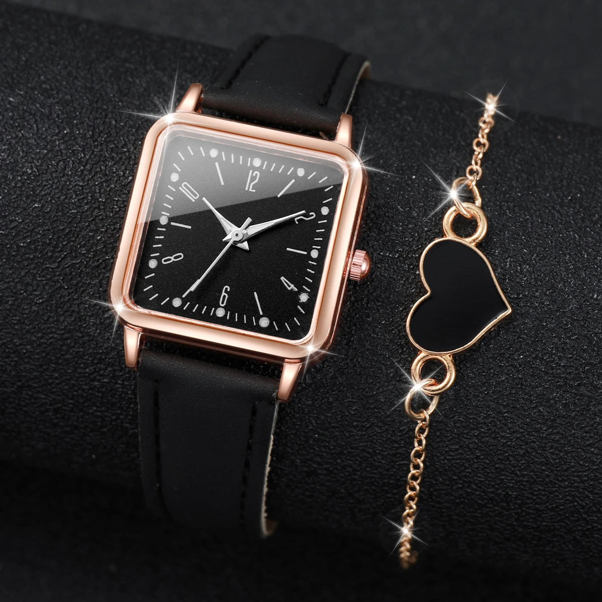 2/4PCS Fashion Square Women's Watch Leather Band Quartz Watches Heart Bracelet Set(Without Box)
