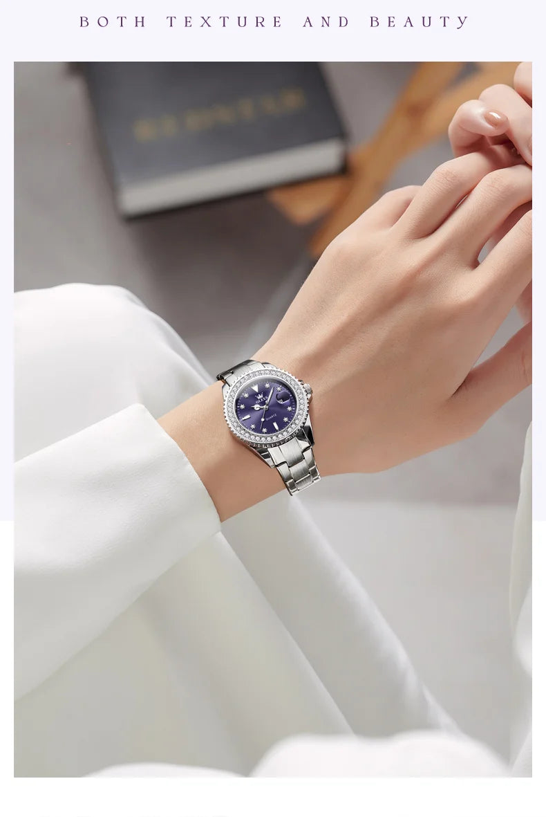 OLEVS 9945 Women's Watches Elegant Purple Full Diamond Dial Solid Stainless Steel Auto Date Waterproof Quartz Watch for Women