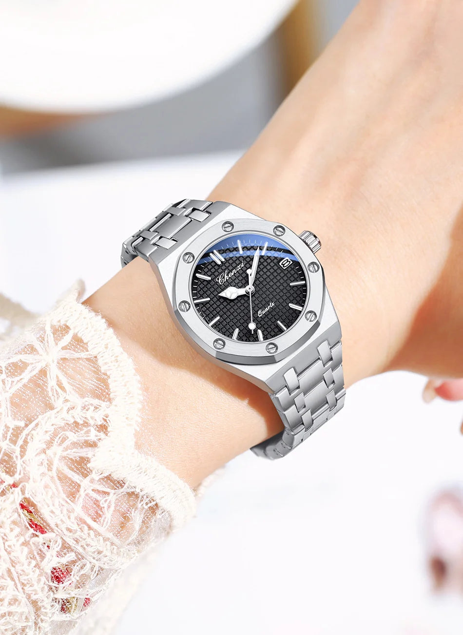 Luxury Women Watches Silver Steel Simple Casual Business Dress Watches for Women Top Brand Waterproof 3bar Calendar Gift Clock