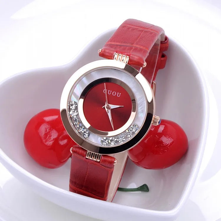 Fashion GUOU Brand Women Rolling Drill Dress Watches Luxury Quicksand Casual Clock Genuine Leather Rhinestone Lady Wrist Watches