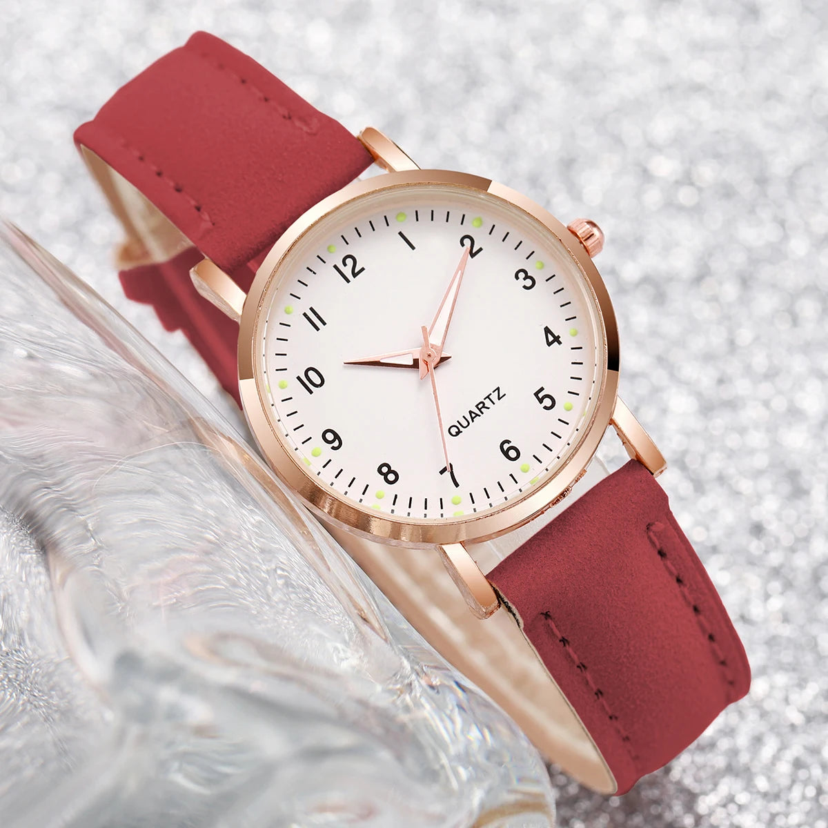 7PCS/Set Fashion Arabic Dial Women Quartz Watch Casual Leather Band Wrist Watches(Without Box)