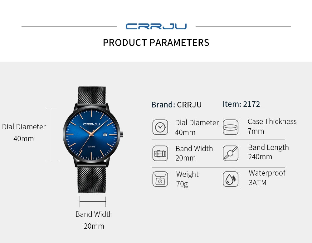 CRRJU Men's Watch Ultra-thin Top Brand Luxury Japan Movement WristWatch Waterproof Sport Steel Quartz Clock Relogio Masculino