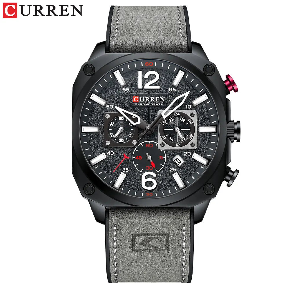 CURREN Men's Watch Fashion Waterproof Multi-function Chronograph Clock Leather Six Needle Calendar Luminous Quartz Watches