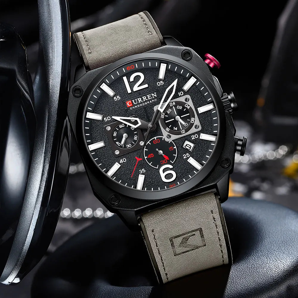 CURREN Men's Watch Fashion Waterproof Multi-function Chronograph Clock Leather Six Needle Calendar Luminous Quartz Watches