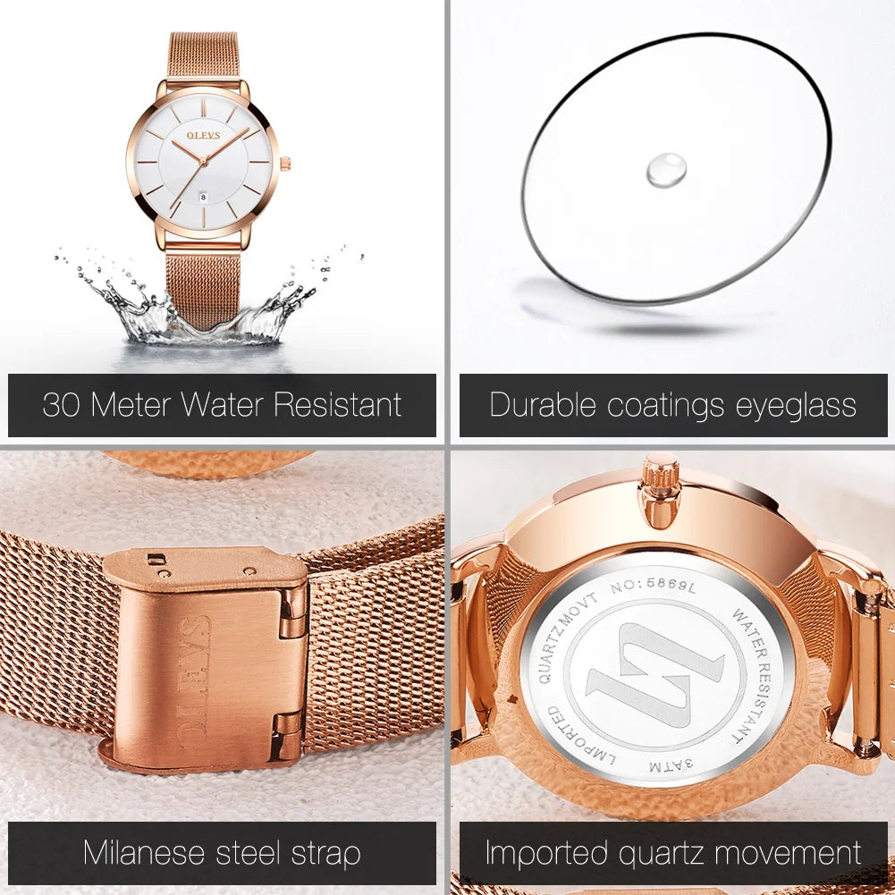 OLEVS Watches For Women Quartz Waterproof Watch Luxury Lady's Watch Stainless Steel Rose Gold Set Gift Box