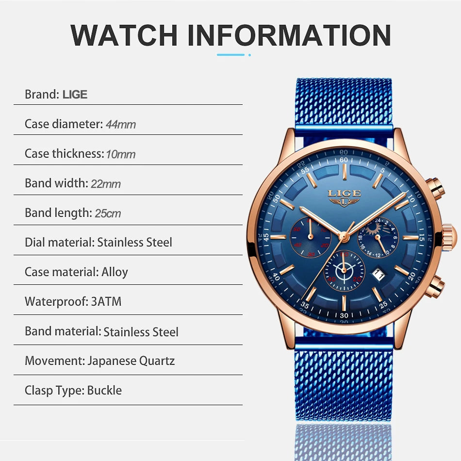 LIGE Top Brand Luxury New Fashion Simple Watch for Men Blue Dial Watch Mesh Belt Sport Waterproof Watches Moon Phase Wrist Watch