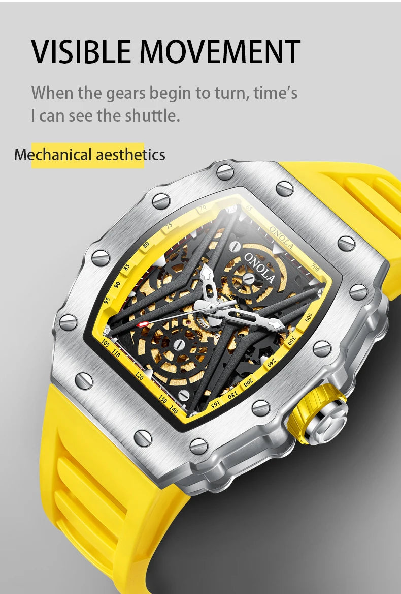ONOLA Original Design Watch Mechanic Watches Men Top Luxury Fashion Casual Luminous Square Skeleton Clock Men Automatic Watch