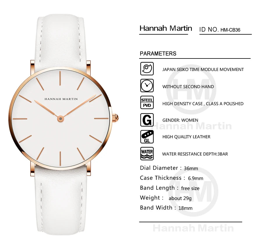 Hannah Martin New 2021 Top Brand Luxury Japan Quartz Wristwatch Stainless Steel Rose Gold Waterproof Watch for Women reloj mujer