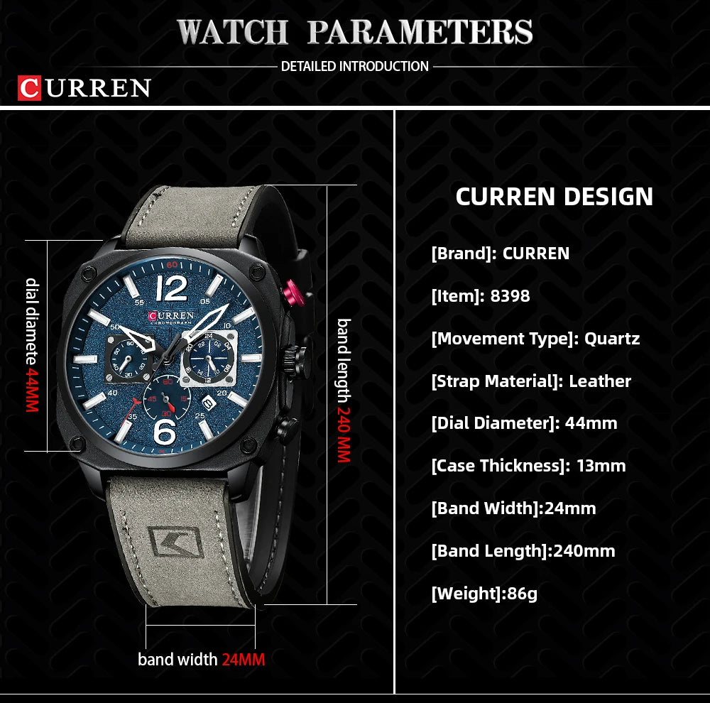 CURREN Men's Watch Fashion Waterproof Multi-function Chronograph Clock Leather Six Needle Calendar Luminous Quartz Watches