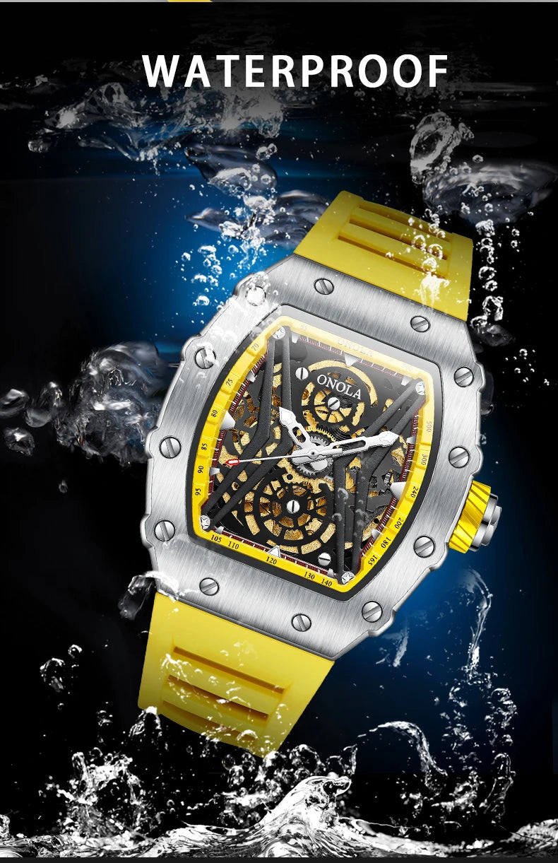 ONOLA Original Design Watch Mechanic Watches Men Top Luxury Fashion Casual Luminous Square Skeleton Clock Men Automatic Watch