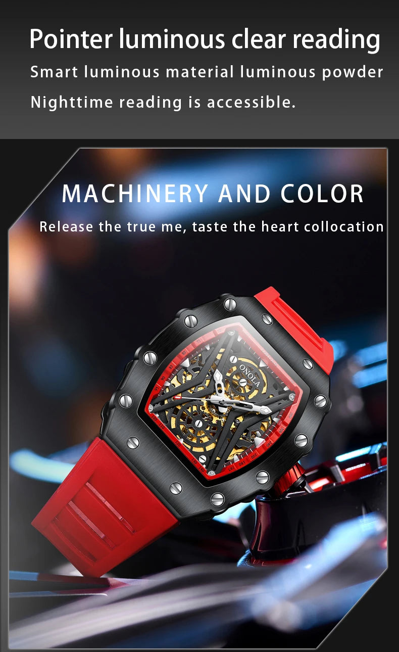 ONOLA Original Design Watch Mechanic Watches Men Top Luxury Fashion Casual Luminous Square Skeleton Clock Men Automatic Watch