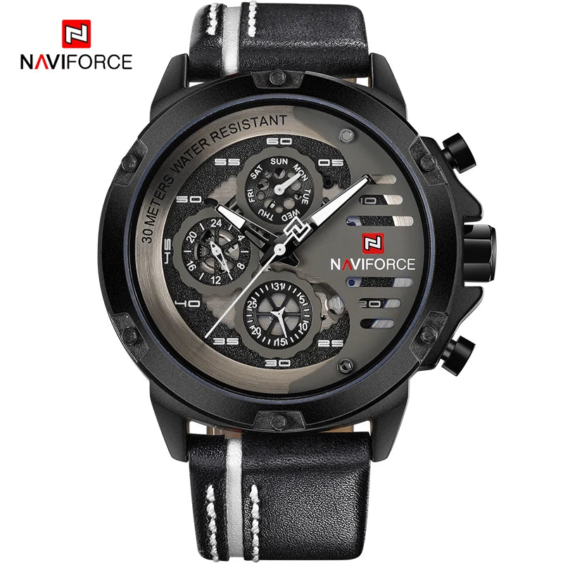 NAVIFORCE Men's Sports 24H Display Date Calendar Waterproof Watch Luminous Genuine Leather Strap Quartz Wristwatch Reloj Hombre