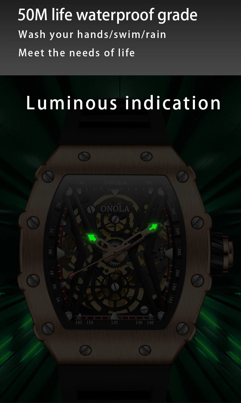 ONOLA Original Design Watch Mechanic Watches Men Top Luxury Fashion Casual Luminous Square Skeleton Clock Men Automatic Watch