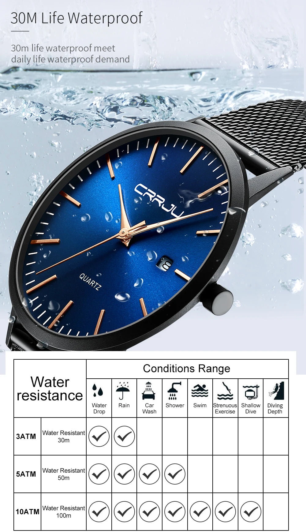 CRRJU Men's Watch Ultra-thin Top Brand Luxury Japan Movement WristWatch Waterproof Sport Steel Quartz Clock Relogio Masculino