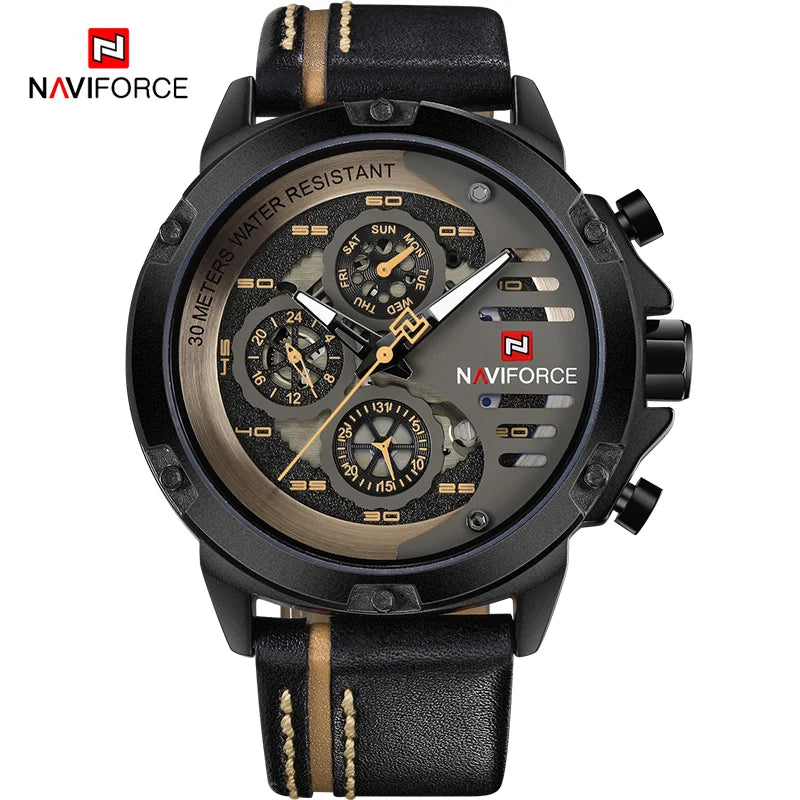 NAVIFORCE Men's Sports 24H Display Date Calendar Waterproof Watch Luminous Genuine Leather Strap Quartz Wristwatch Reloj Hombre