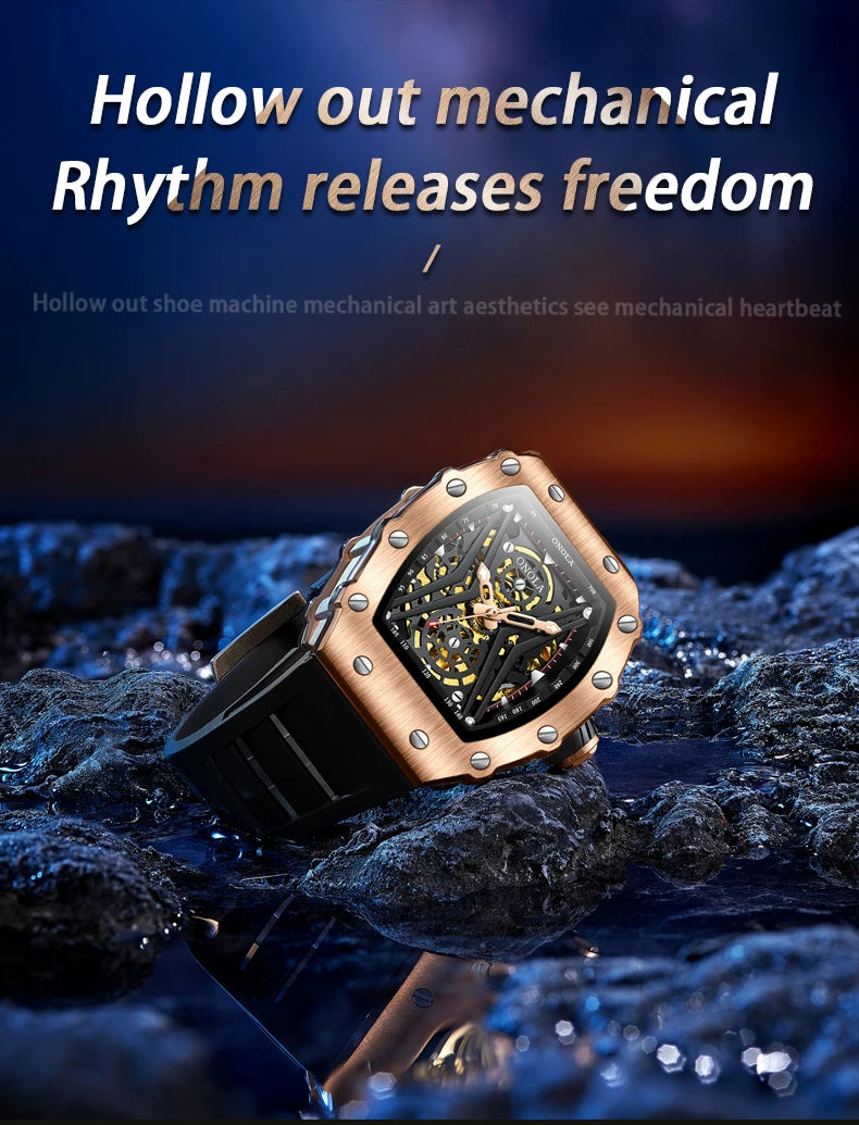 ONOLA Original Design Watch Mechanic Watches Men Top Luxury Fashion Casual Luminous Square Skeleton Clock Men Automatic Watch
