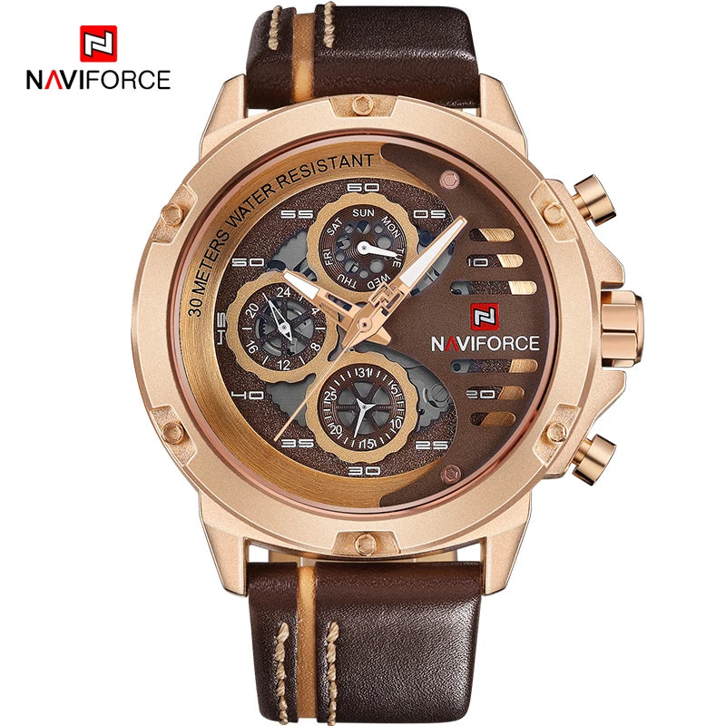 NAVIFORCE Men's Sports 24H Display Date Calendar Waterproof Watch Luminous Genuine Leather Strap Quartz Wristwatch Reloj Hombre
