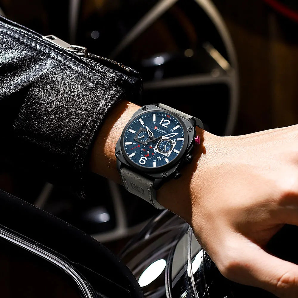 CURREN Men's Watch Fashion Waterproof Multi-function Chronograph Clock Leather Six Needle Calendar Luminous Quartz Watches
