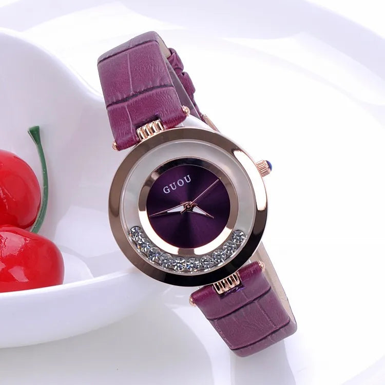 Fashion GUOU Brand Women Rolling Drill Dress Watches Luxury Quicksand Casual Clock Genuine Leather Rhinestone Lady Wrist Watches