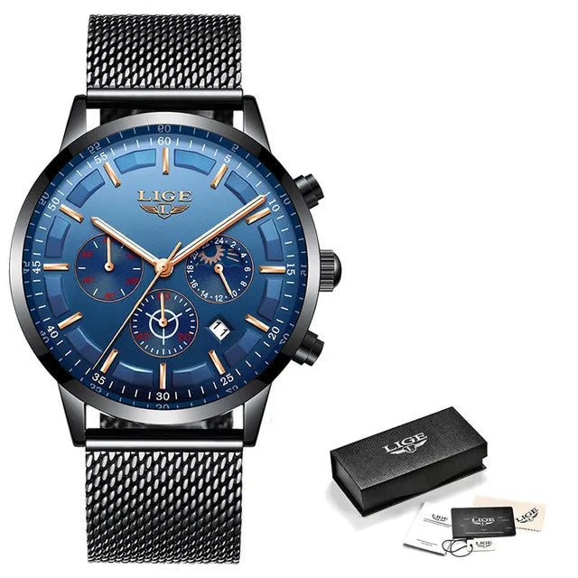 LIGE Top Brand Luxury New Fashion Simple Watch for Men Blue Dial Watch Mesh Belt Sport Waterproof Watches Moon Phase Wrist Watch