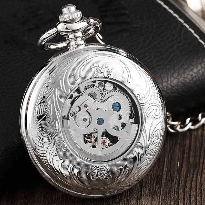 Antique Full Silver Stainless Steel Pocket Watch Mechanical Men Steampunk Vintage Hand-wind Engraved Fob Pendant Clock Women