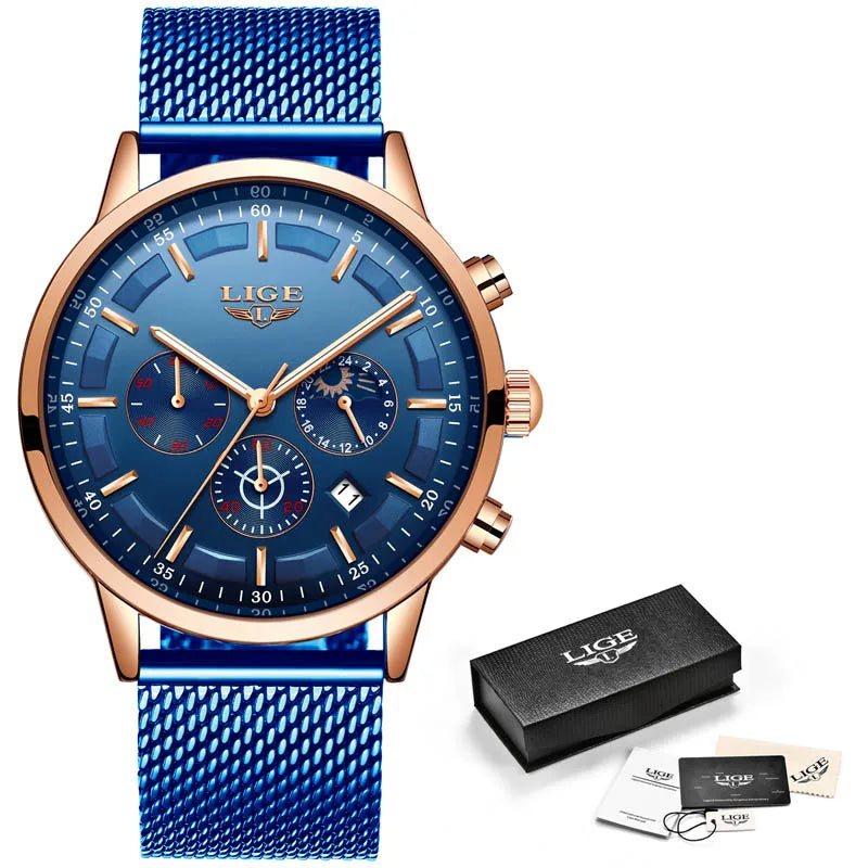 LIGE Top Brand Luxury New Fashion Simple Watch for Men Blue Dial Watch Mesh Belt Sport Waterproof Watches Moon Phase Wrist Watch