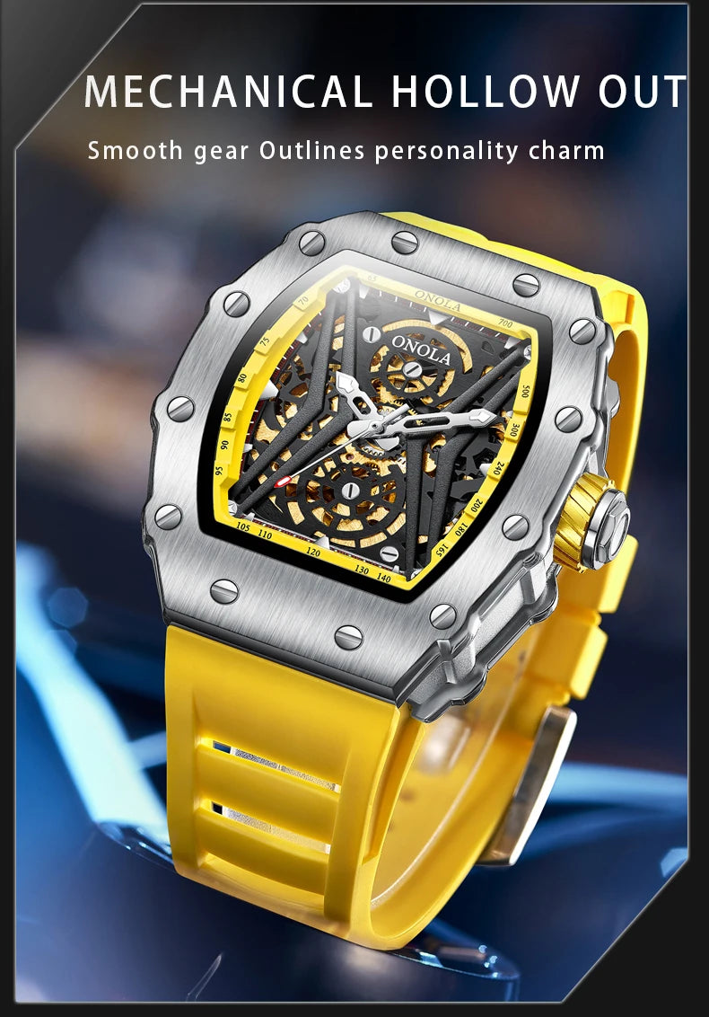 ONOLA Original Design Watch Mechanic Watches Men Top Luxury Fashion Casual Luminous Square Skeleton Clock Men Automatic Watch