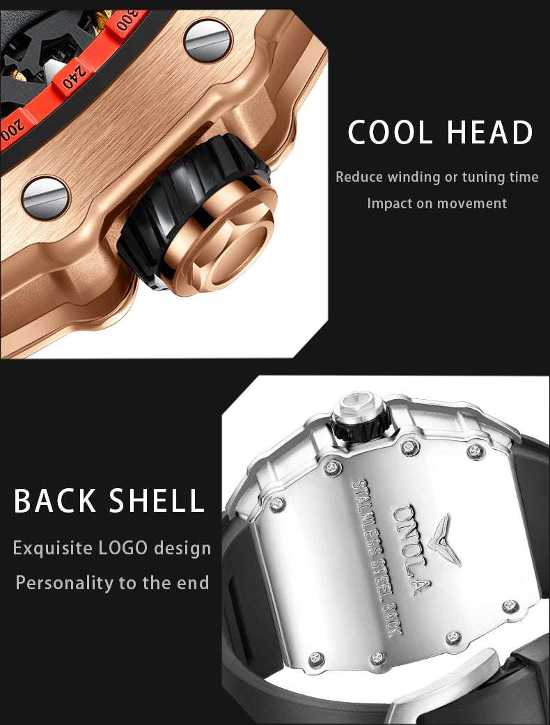ONOLA Original Design Watch Mechanic Watches Men Top Luxury Fashion Casual Luminous Square Skeleton Clock Men Automatic Watch