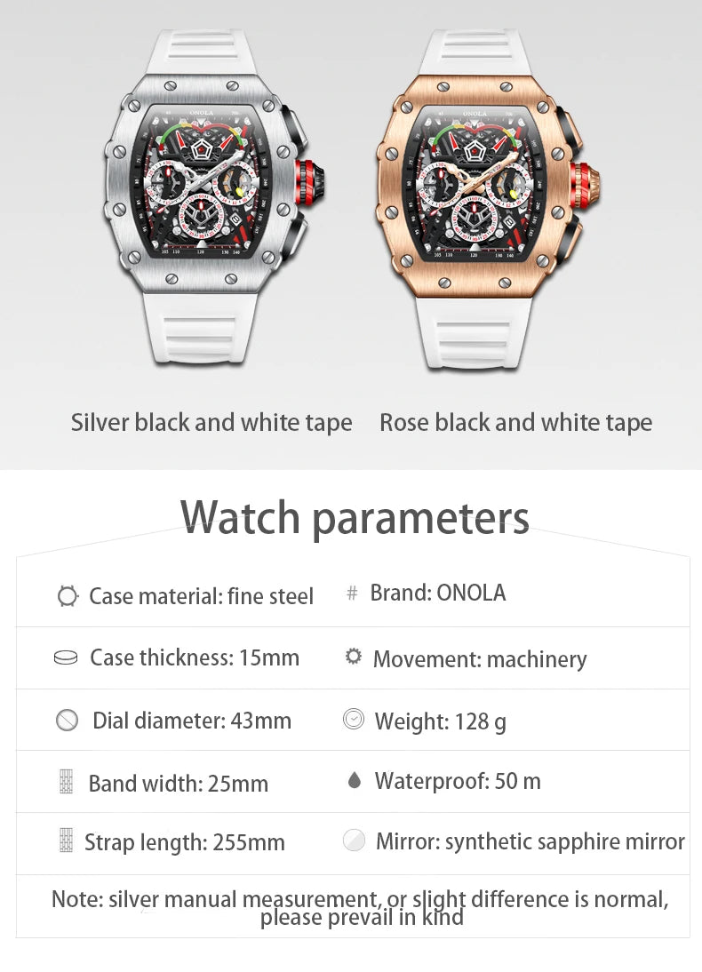 ONOLA Original Design Watch Mechanic Watches Men Top Luxury Fashion Casual Luminous Square Skeleton Clock Men Automatic Watch