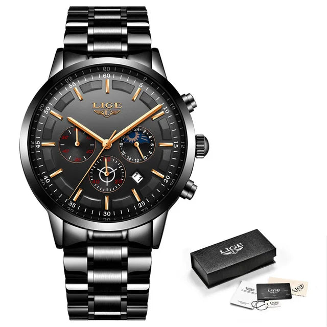 LIGE Top Brand Luxury New Fashion Simple Watch for Men Blue Dial Watch Mesh Belt Sport Waterproof Watches Moon Phase Wrist Watch